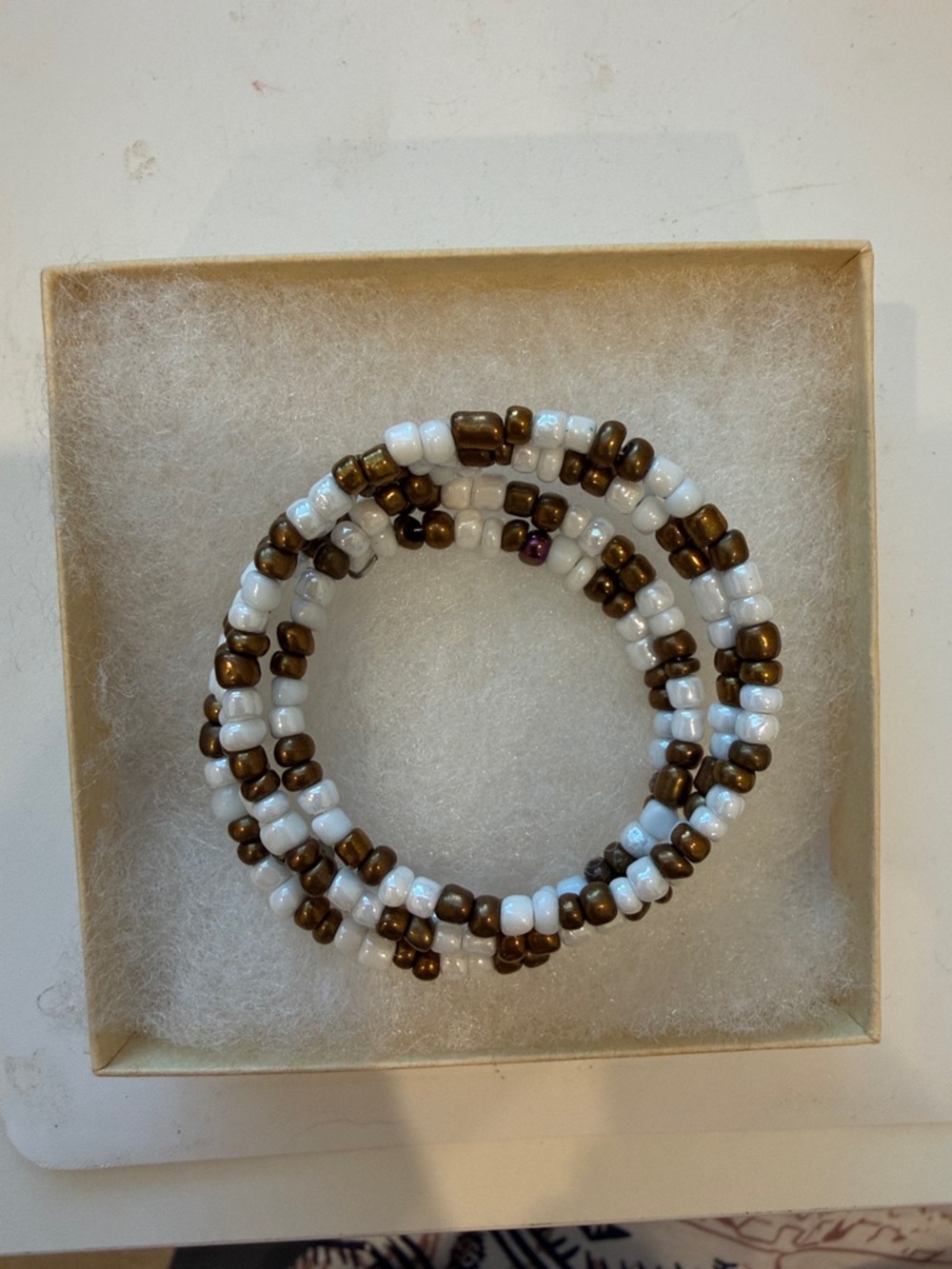 Handmade White and Bronze Beaded Coil Bracelet - Unbranded